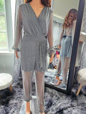 Sheng Fan Metallic Grey Pleated Surplice Balloon Sleeve Wide‑Leg Jumpsuit NWT